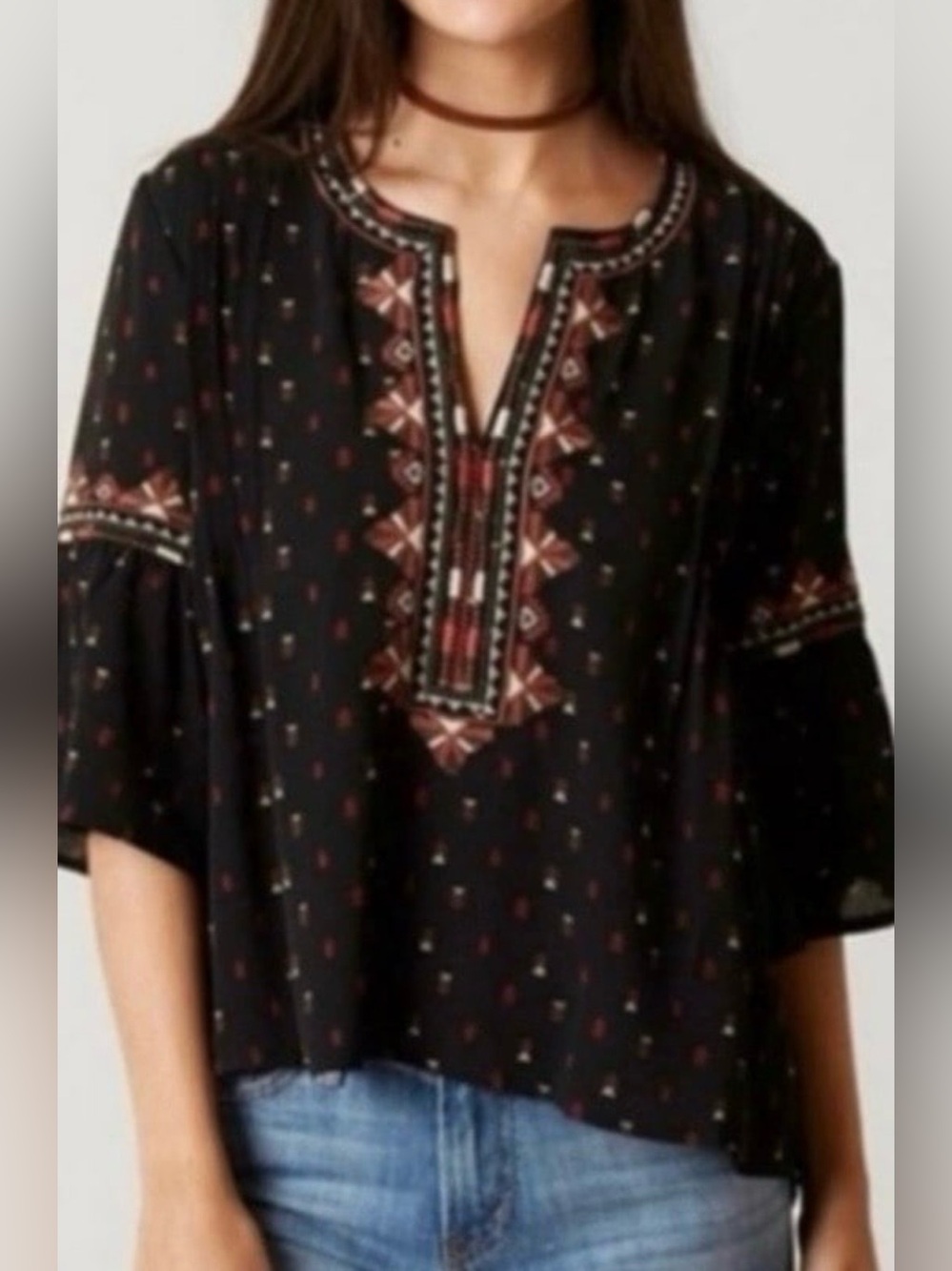 Black Embroidered Peasant Top